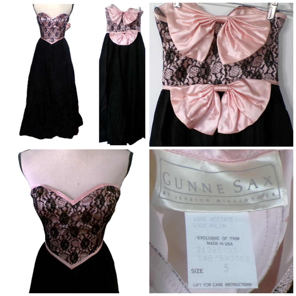 vtg 80's Gunne Sax Strapless Dress XS Black Pink Lace Whimsigoth Fairygoth Y2k